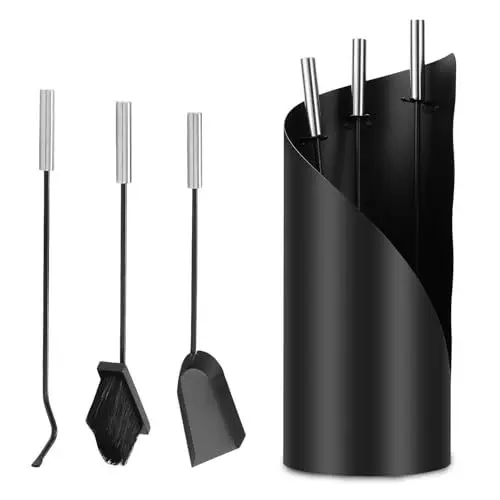 Produktbild: Ikodm Kaminbesteck Set 4-teiliges, Kaminzubehör mit Besen, Schaufel, Eisenhaken, Ständer, Modern Design Kaminwerkzeug, Ofenbesteck Kamingarnitur mit Edelstahlgriffe