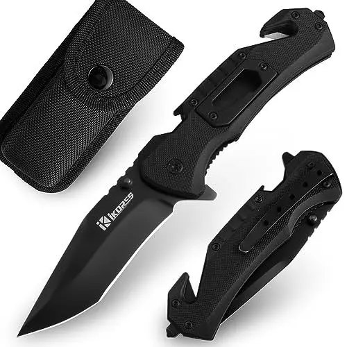 Produktbild: IKORES Klappmesser (Zweihandmesser), 20cm Taschenmesser mit Aluminium-Griff und Nylonscheide, 7Cr13Mov Klinge aus rostfreiem Stahl Taschenmesser, 5-in-1 Edc Messer