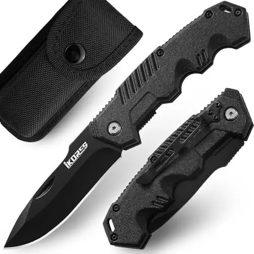 Produktbild: IKORES Klappmesser (Zweihandmesser),Taschenmesser mit Aluminiumgriff und Nylonscheide,Edc Messer mit Taschenclip,für Schwarz, Wandern,Camping