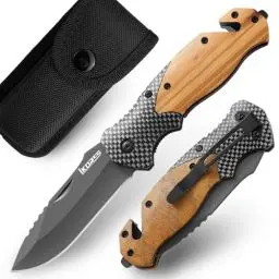 Produktbild: IKORES Klappmesser (Zweihandmesser),Taschenmesser mit Holzgriff und Nylonscheide,Edc Messer mit Taschenclip,für Camping, Wandern