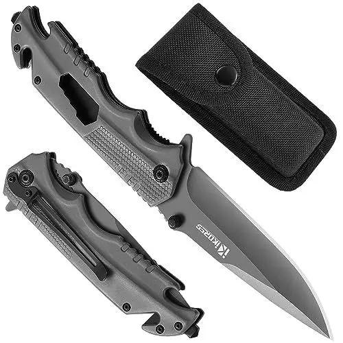 Produktbild: IKORES Multitool-Klappmesser, 22cm Einhandmesser mit Nylonscheide und Taschenclip, Flaschenöffner, Glasbrecher, Sicherheitsgurtschneider und Schraubenschlüssel, Grau