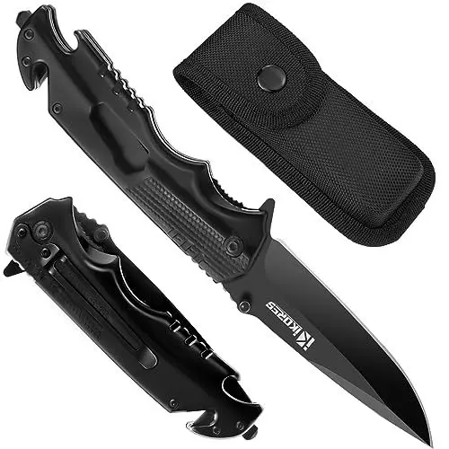 Produktbild: IKORES Multitool-Klappmesser, 22cm Einhandmesser mit Nylonscheide und Taschenclip, Flaschenöffner, Glasbrecher, Sicherheitsgurtschneider und Schraubenschlüssel, schwarz