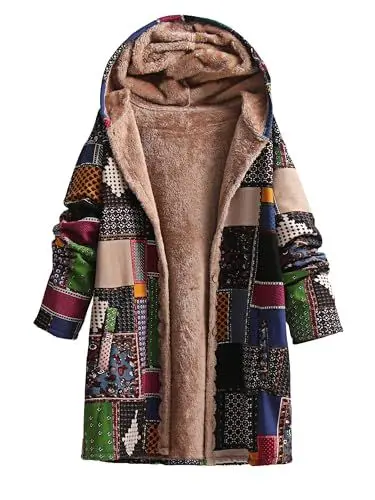 Produktbild: ILESTDG Boho Mantel, Damen Plus Patchwork Print Liner Fleece Langarm .Baumwolle, Leinen, traditionelle Motive, KnopfleisteKnopfleiste Kapuzen-Tunika-Mantel Mit Taschen (Grün,0XL)