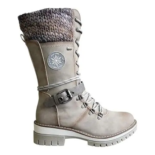 Produktbild: ILESTDG Damen Trendige Stiefel, Schnallenstiefel mit seitlichem Reißverschluss und Strickrand, Rutschfest Warme Snow Boots Thermal Stiefel mit mittelhohem Schaft (grau,39)