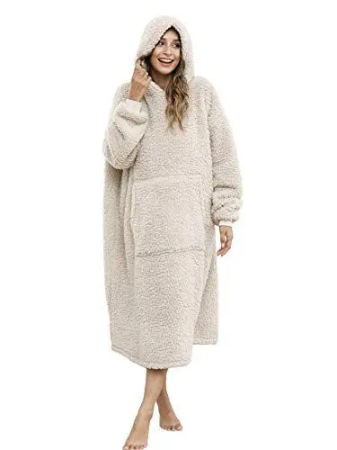 Produktbild: ililmmoe Sherpa tragbare Decke Übergroße Hoodie Sweatshirt TV Decke mit Langen Ärmeln und Tasche-Beige One Size