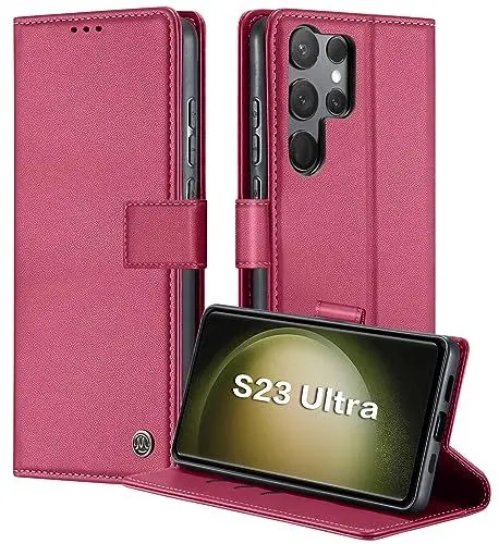 Produktbild: iLovecover Handyhülle für Samsung Galaxy S23 Ultra Hülle (Premium PU Leder)mit Stoßfest Ständer Kartenfach Magnetic Flip Cover Etui Tasche Schutzhülle Klapphülle für Samsung Galaxy S23 Ultra,Wein Rot