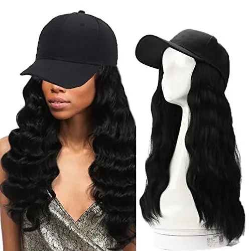 Produktbild: iLUU Natürliche Schwarze Perücke mit schwarzer Baseballmütze 16 Zoll Kunsthaarverlängerungen Hut Curly Wavy Corn Body Wave Haarteil Hüte für den täglichen Partygebrauch