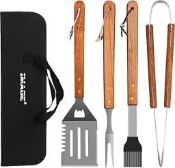 Produktbild: IMAGE BBQ Grillwerkzeuge 4 Stück Bestecksets mit Holzgriffen Edelstahl Grillzubehör mit Tragetasche Kochen Hinterhof Grillen & Outdoor Camping