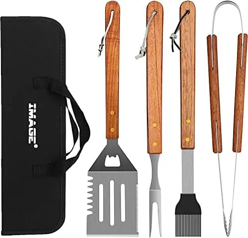 Produktbild: IMAGE BBQ Grillwerkzeuge 4 Stück Bestecksets mit Holzgriffen Edelstahl Grillzubehör mit Tragetasche Kochen Hinterhof Grillen & Outdoor Camping