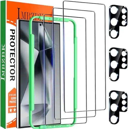 Produktbild: IMBZBK für Samsung Galaxy S24 Ultra für Panzerglas 3 Stück Vollbildabdeckung 9H Schutzfolie folie mit 3 Stück Kameraschutz Zubehör, Fingerabdruck-Entsperrung