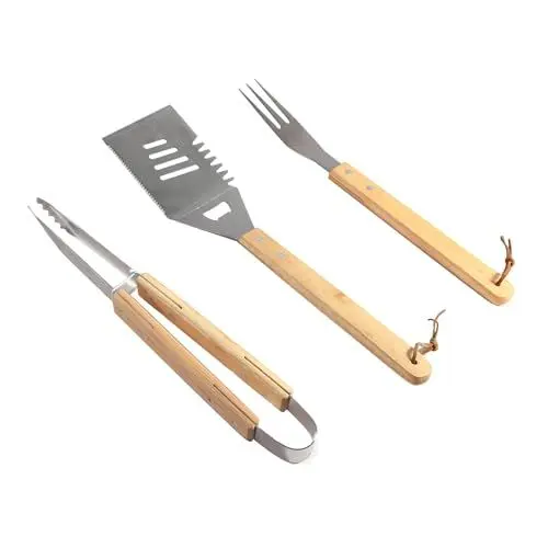 Produktbild: IMEEA Grillbesteck Set 3-teilig – Grillzange Grillspatel Fleischgabel aus Edelstahl mit Holzgriff – BBQ Grill Zubehör für Männer & Frauen Grillfans