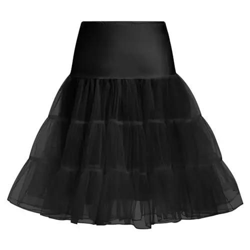 Produktbild: IMEKIS Damen 1950er Retro Petticoats A-Linie Rockabilly Tutu Rock mit R?schen Saum Knielang Crinoline Unterrock Halbrock Hochzeit Brautkleid Schwarz S