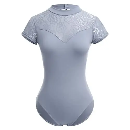 Produktbild: IMEKIS Damen Ballett Trikot Kurzarm Blumenspitze Ballettanzug Einfarbig Gymnastik Trikots mit Abnehmbaren BH-Polster Einteilig Tanz Body Sportlich Rückenfrei Ballerina Tanzkleidung Kostüm Grau XL