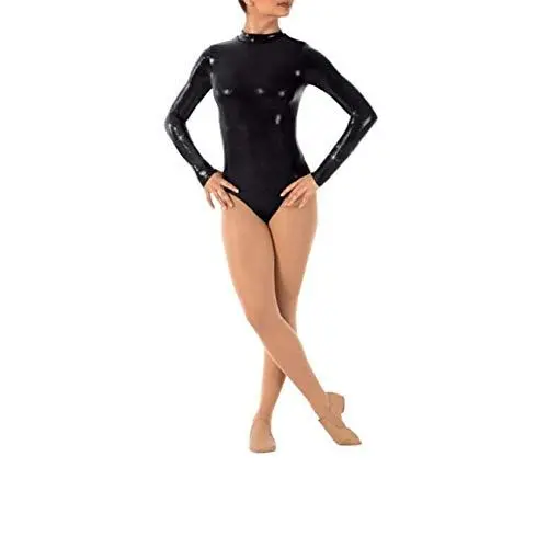 Produktbild: IMEKIS Damen Ballettanzug Langarm Bodysuit Glänzend Body Wetlook Ballett Tanzbody Leotard Gymnastik Turnanzug Gymnastikanzug Einteiler Metallic Trikot Oberteile Top Sport Fitness Kostüm Schwarz S