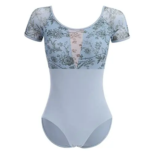 Produktbild: IMEKIS Damen Blume Ballettanzug Kurzarm Rückenfrei Tanzbody Ballett Trikot Top Gymnastikanzug Ballettkleidung Ballerina Tanzkleidung mit Abnehmbaren BH-Pad Blau XL