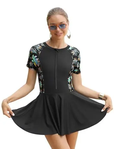 Produktbild: IMEKIS Damen Einteilige Badekleid mit Shorts Kurzarm Zip Up Tropischer Druck Rash Guard Badeanzug Bauchweg Bademode Modest Schwimmanzug Schwarz L