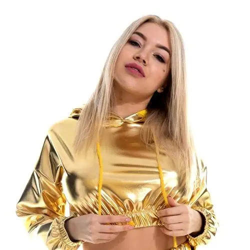 Produktbild: IMEKIS Damen Glänzende Metallic Langarmshirt Kapuzen Sweatshirts Crop Top Wetlook Lässig Pullover mit Kordelzug Holografischer Hip Hop Nachtclub Performance Tanzbekleidung Gelb XXL