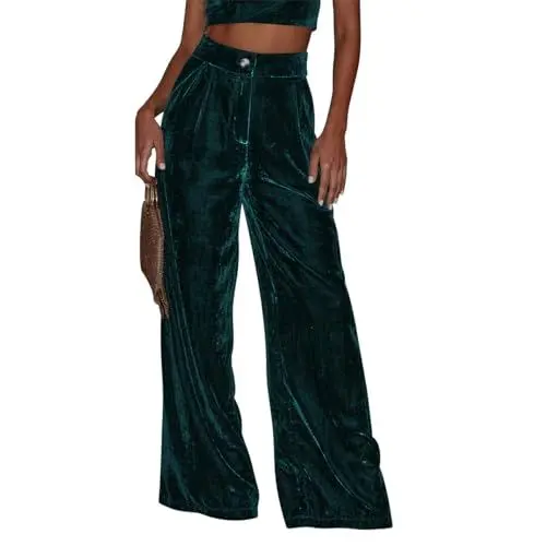 Produktbild: IMEKIS Damen Lange Samt Hosen Breites Bein Hosen Einfarbige Elastische Hohe Taille Baggy Hosen mit Taschen Casual Lose Palazzo Herbst Winter Botttoms Grün S