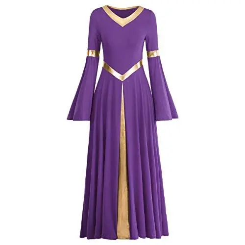 Produktbild: IMEKIS Damen Liturgisch Lob Kleid Metallic Spleiß Lyrisch Tanzkleider Langarm V-Ausschnitt Casual Lang Faltenrock Freizeitkleid Kirche Anbetung Gebet Kleider Ballsaal Dancewear Lila 2XL