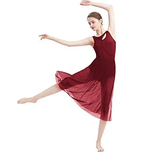 Produktbild: IMEKIS Damen Lyrisches Ballett Tanzkleid Ärmellos Cutout Gymnastik Trikot mit Seitlich Geteiltem Tüll Schnittrock Zeitgenössisches Modernes Tanzkostüm Ballsaal Tanzkleidung Weinrot XS