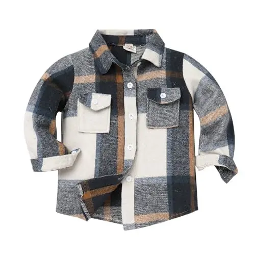 Produktbild: IMEKIS Jungen Mädchen Flanell Langarmshirts Kariertes Button Down Hemd Jacke Top Bluse Casual Karo Mantel Kleinkind Kinder Herbst Winter Kleidung Grau+Beige 10-11 Jahre
