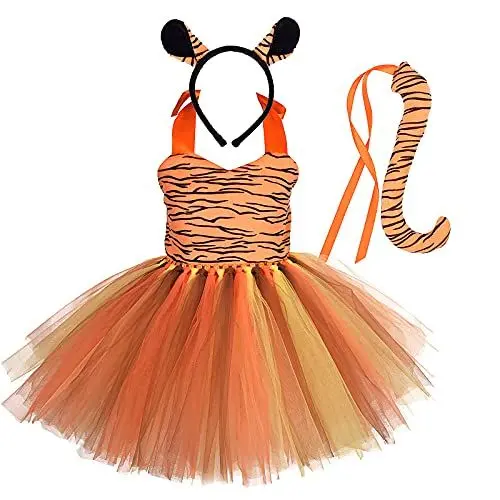 Produktbild: IMEKIS Kinder Baby Mädchen Tier Cosplay Kostüm Prinzessin Verkleidung Tiger Tüll Kleid mit Stirnband und Schwanz 3tlg Halloween Weihnachts Karneval Outfit Orange 6-12 Monate