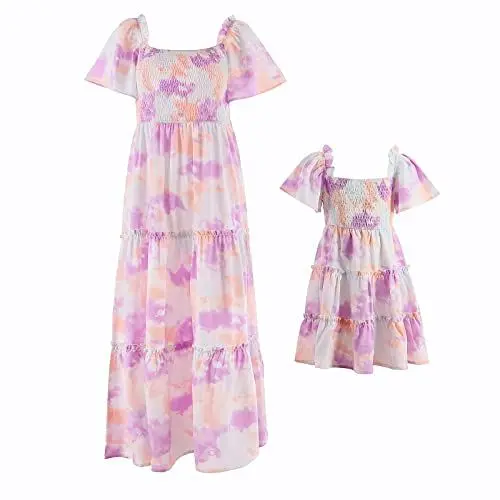 Produktbild: IMEKIS Mutter und Tochter Passendes Kleid Frauen Mädchen Off Shoulder Blumendruck Sommerkleid Familie Passendes Outfit Eltern Kind Lässig Langes Kleid Lila M