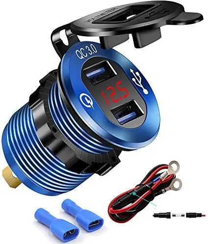 Produktbild: iMESTOU Quick Charge 3.0 USB Ladegerät Buchse Aluminium Dual USB Auto Steckdose Wasserdicht Marine Zigarettenanzünder Adapter 36W Schnellladung mit LED Voltmeter für 12/24V Boot Motorrad ATV Bus