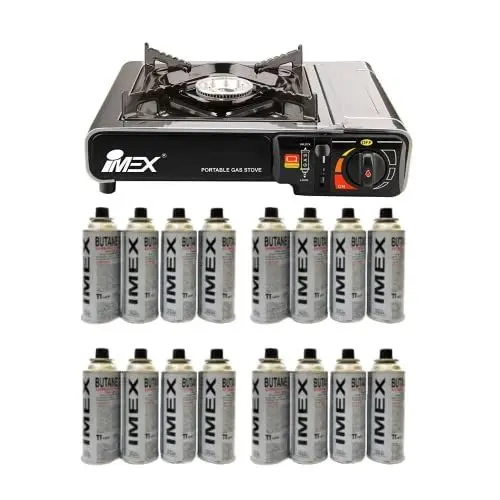 Produktbild: IMEX Gaskocher Edelstahl Campingkocher mit 16 Gaskartuschen und Tragekoffer/Aufbewahrungskoffer 2,2KW