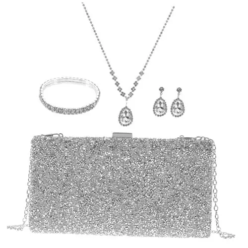 Produktbild: IMIKEYA 1 Satz Brautschmuck Set mit Clutch Halskette Ohrringe Armband und Abendtasche für Hochzeiten und Besondere Anlässe Elegantes Teiliges Damen Juwelenset
