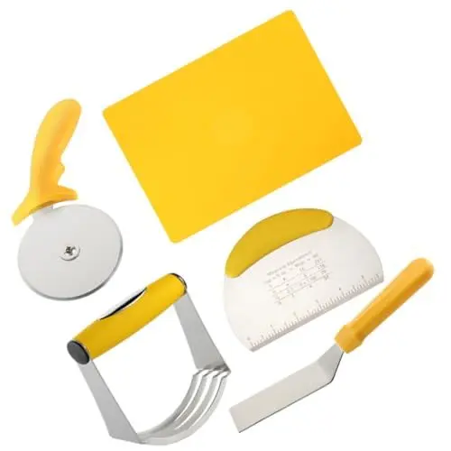 Produktbild: IMIKEYA 5 Teiliges Backset Pizzarad Pizzaschneiderrad Pizzateig Brotschneidemaschine Maschine Brotteigmischer Knetmatte Gebäckrad Teigzerkleinerer Pizzaschaufel Gelber