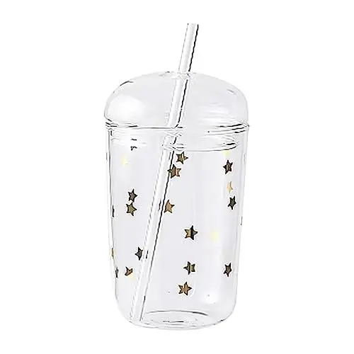 Produktbild: IMIKEYA Trinkbecher Glas mit Deckel und Strohhalm: 450ml Transparente Glas Wasserbecher, Eiskaffeebecher, Smoothie Glasbecher, Trinkgläser für Party zu Hause