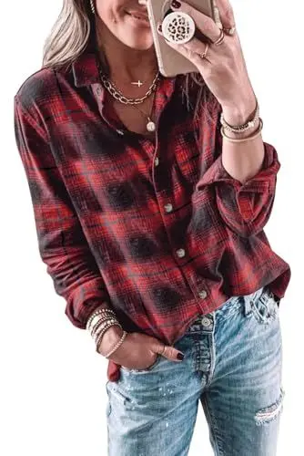 Produktbild: Imily Bela Bluse Damen Kariertes Longbluse Casual Langarmshirt Flanellhemd Karohemd Knöpfen Longsleeve Oberteile.Rot.M
