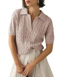 Produktbild: Imily Bela Damen Kurzarm Strickpullover Sommer T Shirt Pullover Cable Knit Elegant Tops V-Ausschnitt Pulli Sweatshirt