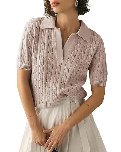 Produktbild: Imily Bela Damen Kurzarm Strickpullover Sommer T Shirt Pullover Cable Knit Elegant Tops V-Ausschnitt Pulli Sweatshirt