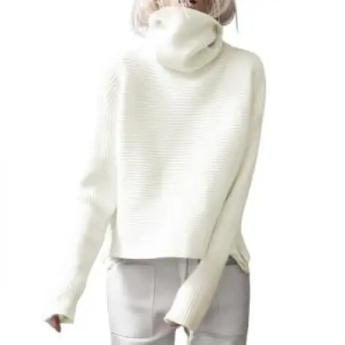 Produktbild: Imily Bela Damen Pullover Elegant Rollkragenpullover Langarm Tops Einfarbig Warm Winter Strickpullover Lose Grobstrick Casual Weich Jumper Sweater mit Seitenschlitz(Weiß,XXL)