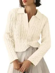 Produktbild: Imily Bela Damen Pullover Strickpullover Langarm Top Shirt Cable Knit Elegant Tops V-Ausschnitt Pulli Sweatshirt