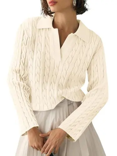 Produktbild: Imily Bela Damen Pullover Strickpullover Langarm Top Shirt Cable Knit Elegant Tops V-Ausschnitt Pulli Sweatshirt