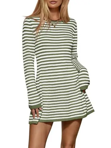 Produktbild: Imily Bela Damen Strickkleid Streifen Rundhals Pulloverkleid Gestreift Winter Kleid Langarm Minikleid (Armeegrün, L)