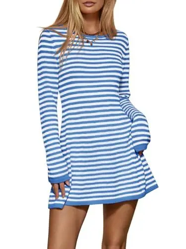 Produktbild: Imily Bela Damen Strickkleid Streifen Rundhals Pulloverkleid Gestreift Winter Kleid Langarm Minikleid (Blau, S)