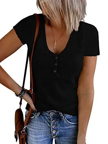 Produktbild: Imily Bela Damen T-Shirt V Ausschnitt Kurzarm Sommer Crop Tops Casual Gerippt Slim Fit Sexy Basic Tee Oberteile Casual Bluse Tops
