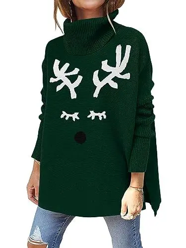 Produktbild: Imily Bela Damen Weihnachten Pullover mit Rentiermuster Lange Fledermausärmel Rollkragen Pullover(Dunkelgrün,M)