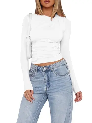 Produktbild: Imily Bela Langarmshirt Damen Basic T-Shirts Slim Fit Crop Top Casual Y2K Rundhals Enges Oberteil Weiss,S