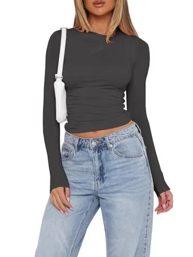 Produktbild: Imily Bela Langarmshirt Damen Basic T-Shirts Slim Fit Crop Top Casual Y2K Rundhals Enges Oberteil, grau, S
