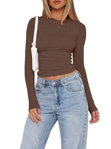 Produktbild: Imily Bela Langarmshirt Damen Basic T-Shirts Slim Fit Crop Top Casual Y2K Rundhals Enges Oberteil,braun, M