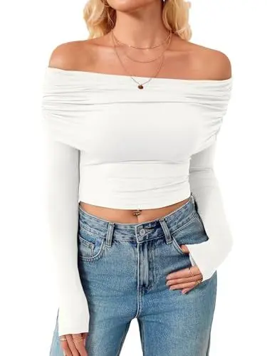 Produktbild: Imily Bela Langarmshirt Damen Sexy Schulterfrei Tops Einfarbig Slim Tshirt Oberteile Elegant Langarm Bluse Tunika Shirts.Weiß.S