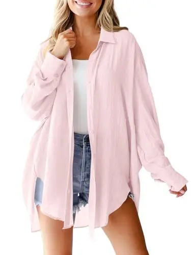 Produktbild: Imily Bela Musselin Bluse Damen Langarmshirt Elegant Leicht Oversize Tuniken Einfarbig Lässiges Hemd Oberteile（Rosa,L