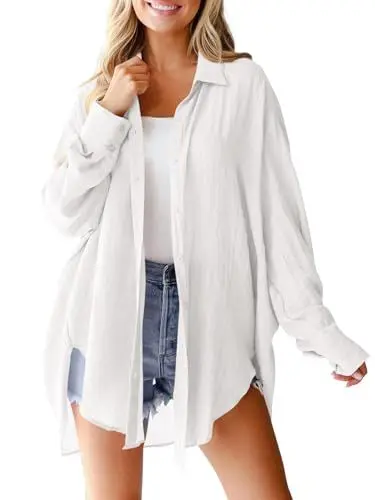 Produktbild: Imily Bela Musselin Bluse Damen Langarmshirt Elegant Leicht Oversize Tuniken Einfarbig Lässiges Hemd Oberteile（Weiß,XXL