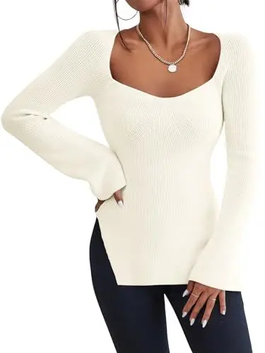 Produktbild: Imily Bela Pullover Damen Winter Langarm,Leicht,Sexy,Eckiger Ausschnitt,Slim Fit Strickpullover Seitenschlitz Herbst Oberteile (Weiß,L)