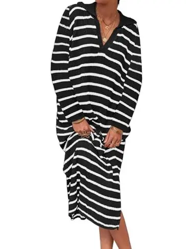 Produktbild: Imily Bela Pulloverkleid Damen Langarm Gestreiftes Strickkleid Elegant Sexy Schlitz V-Ausschnitt Pullikleid Winterkleid Sweater Pulli lockeres Grob Gestrickt Minikleid Herbst Freizeitkleid